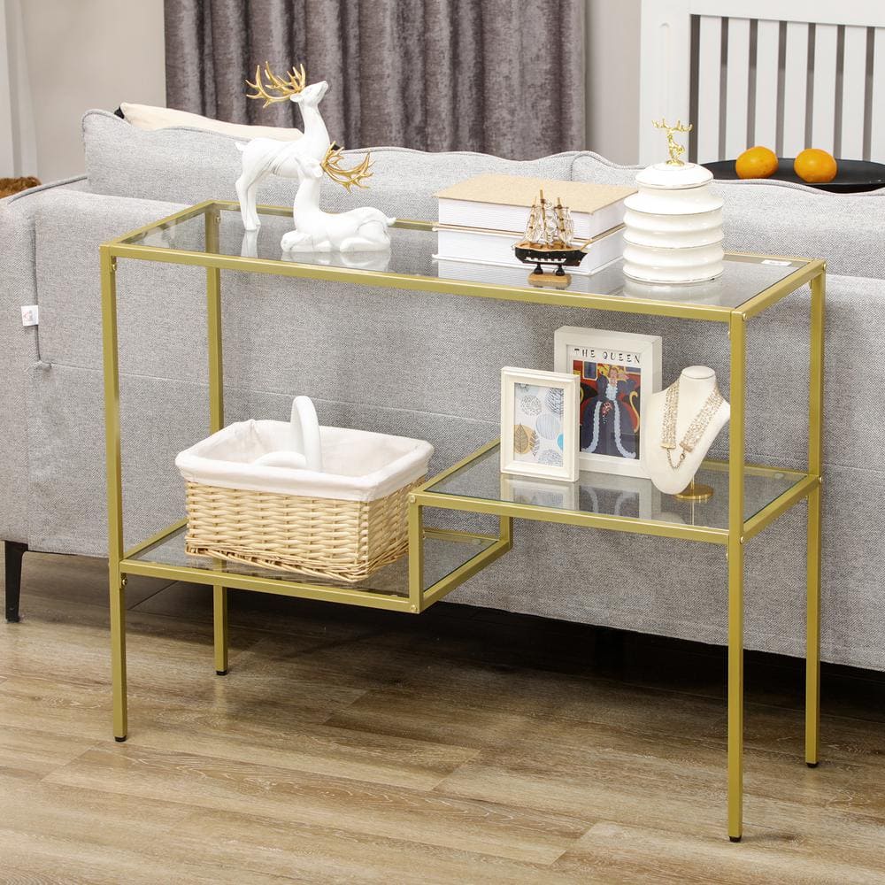 Gold Steel and Clear Glass Console Table with Storage Shelves