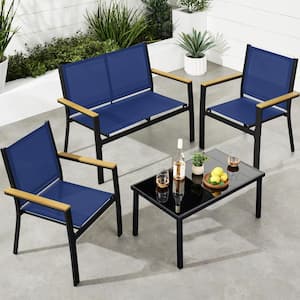 Black 4-Piece Outdoor Navy Textilene Metal Patio Conversation Furniture Set w/ Loveseat, Table