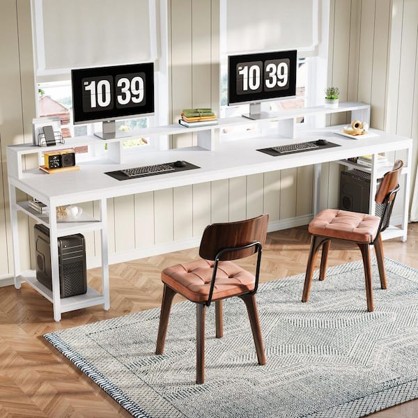 Moronia 78.7 in. Rectangular White Engineered Wood 2-Person Computer Desk with Monitor Stand and Shelves