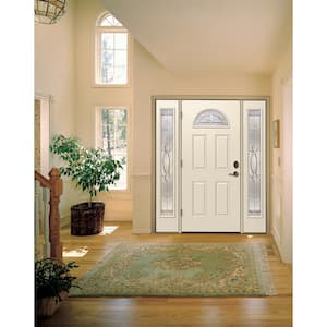 60 in. x 80 in. Right-Hand Fan Lite Blakely Decorative Glass Primed Steel Prehung Front Door with Sidelites