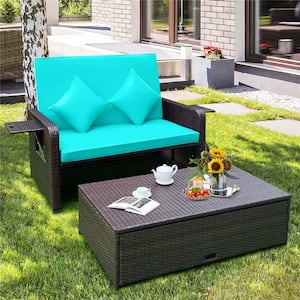 2 in-1-Function Wicker Outdoor Day Bed with Retractable Top Canopy Side Tables and Turquoise Cushions