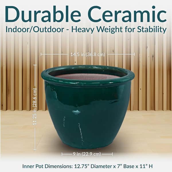 Sunnydaze 14.5 in. Chalet High-Fired Glazed Ceramic Planter-Dark Green