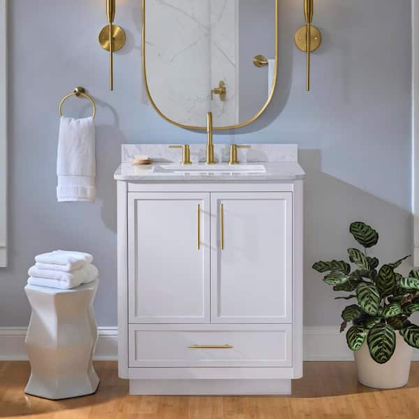 Tamsin 30 in. Single Sink Freestanding White Bath Vanity with White Round Corner Engineered Marble Top (Assembled)