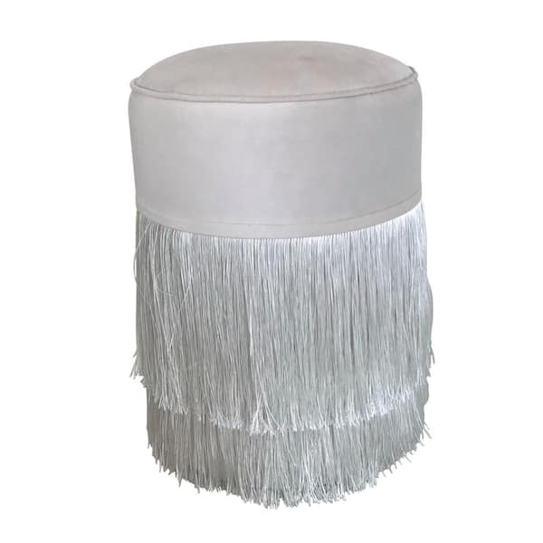 Decor Therapy Royce White Fringe Velvet Upholstered Ottoman