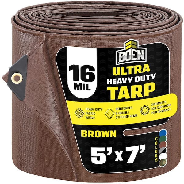 BOEN Ultra Heavy-Duty Brown Tarps 5 ft. x 7 ft. Waterproof and UV Resistant, 16 Mil Thick