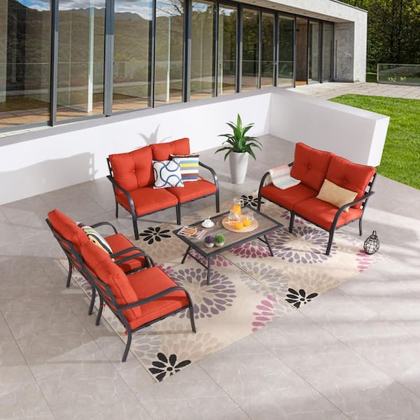 Patio Festival 7-Piece Metal Patio Conversation Set with Red Cushions