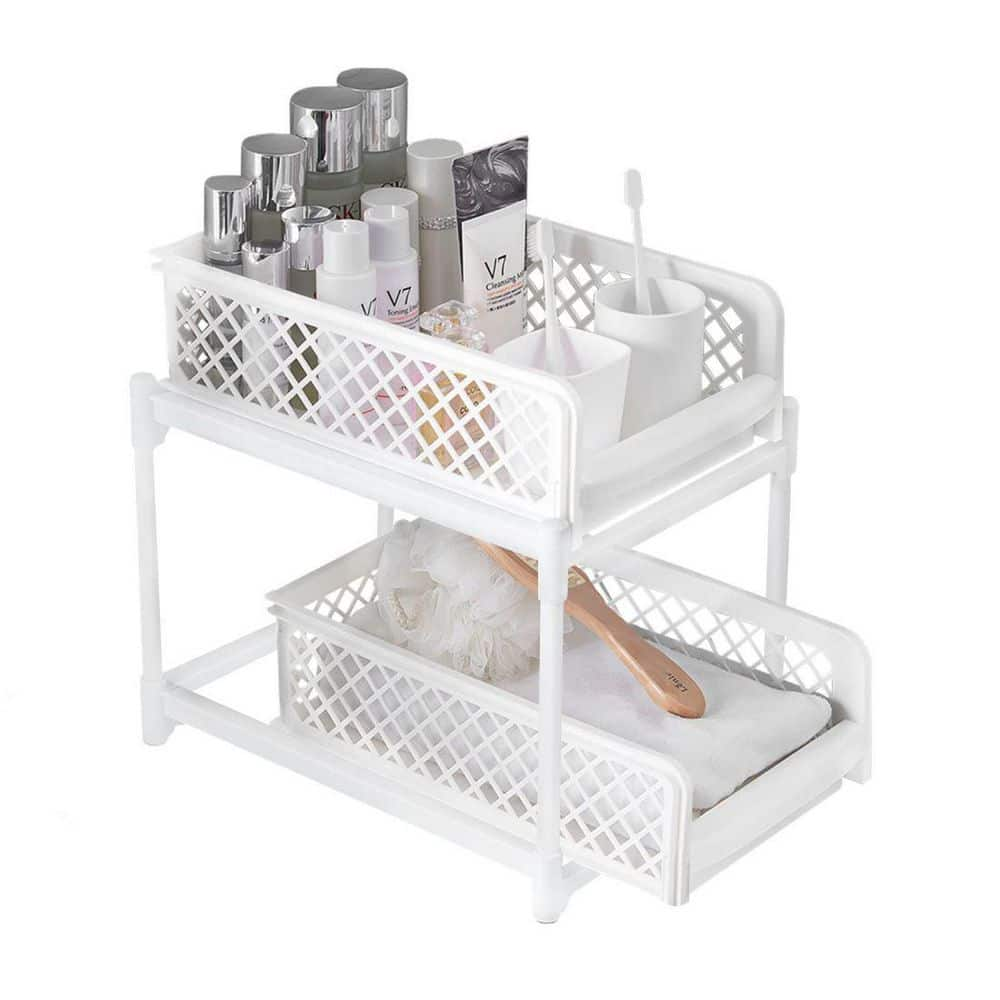 Dracelo 2 Tier White Bathroom Sink Organizer Pull-Out Sliding