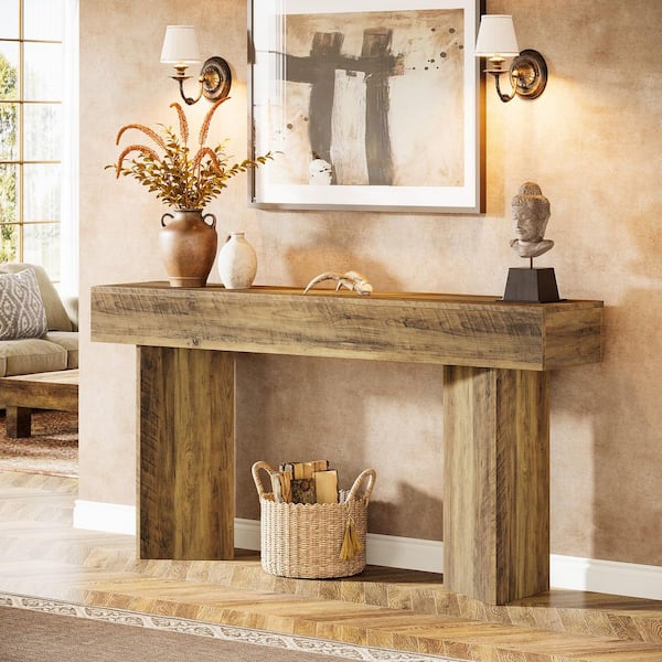 BYBLIGHT Turrella 63 in. Rustic Brown Rectangle Wood Console Table with Heavy-Duty Legs, Narrow Long Sofa Table Behind Couch