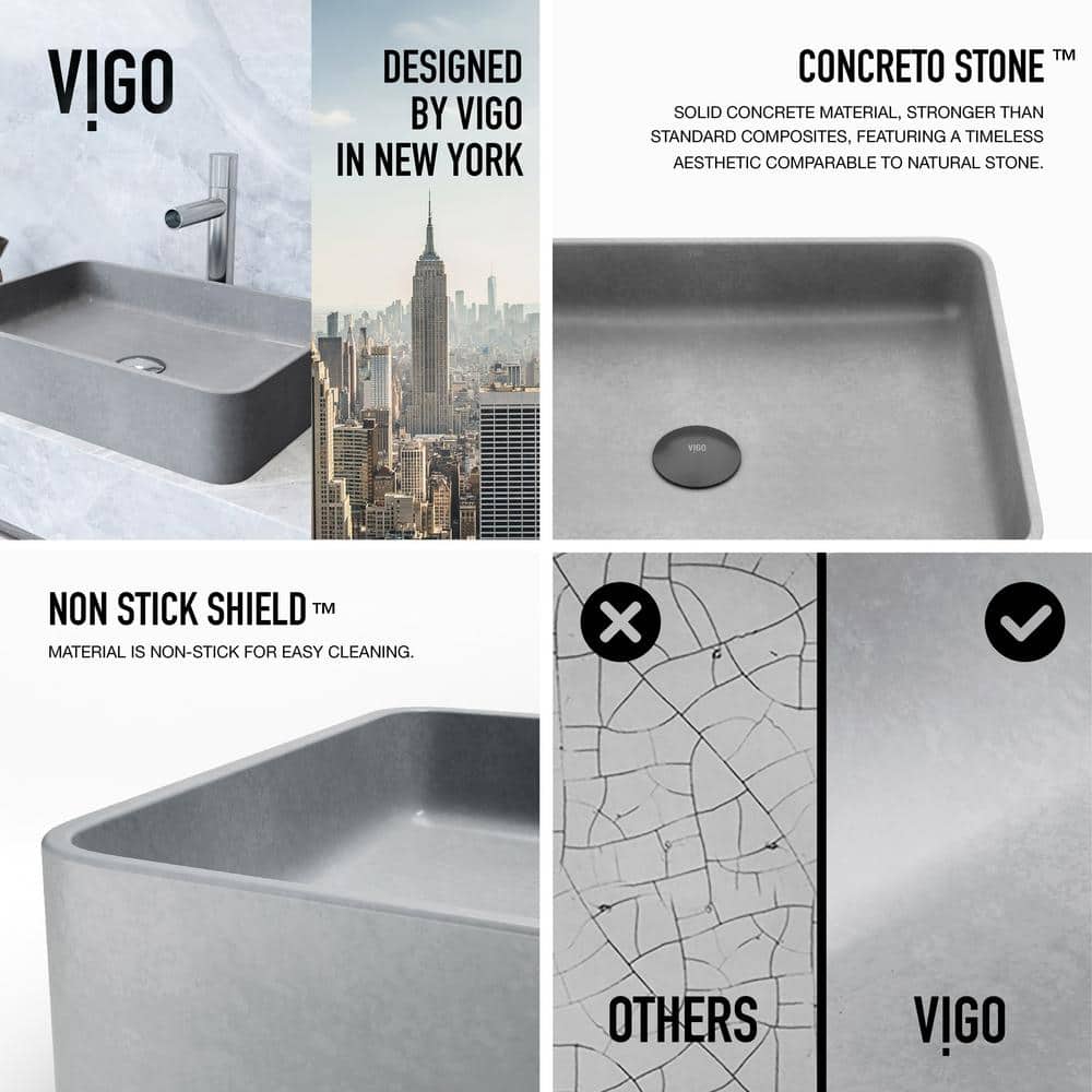 Gray Concrete Rectangular Vessel Bathroom Sink, 19" x 14"