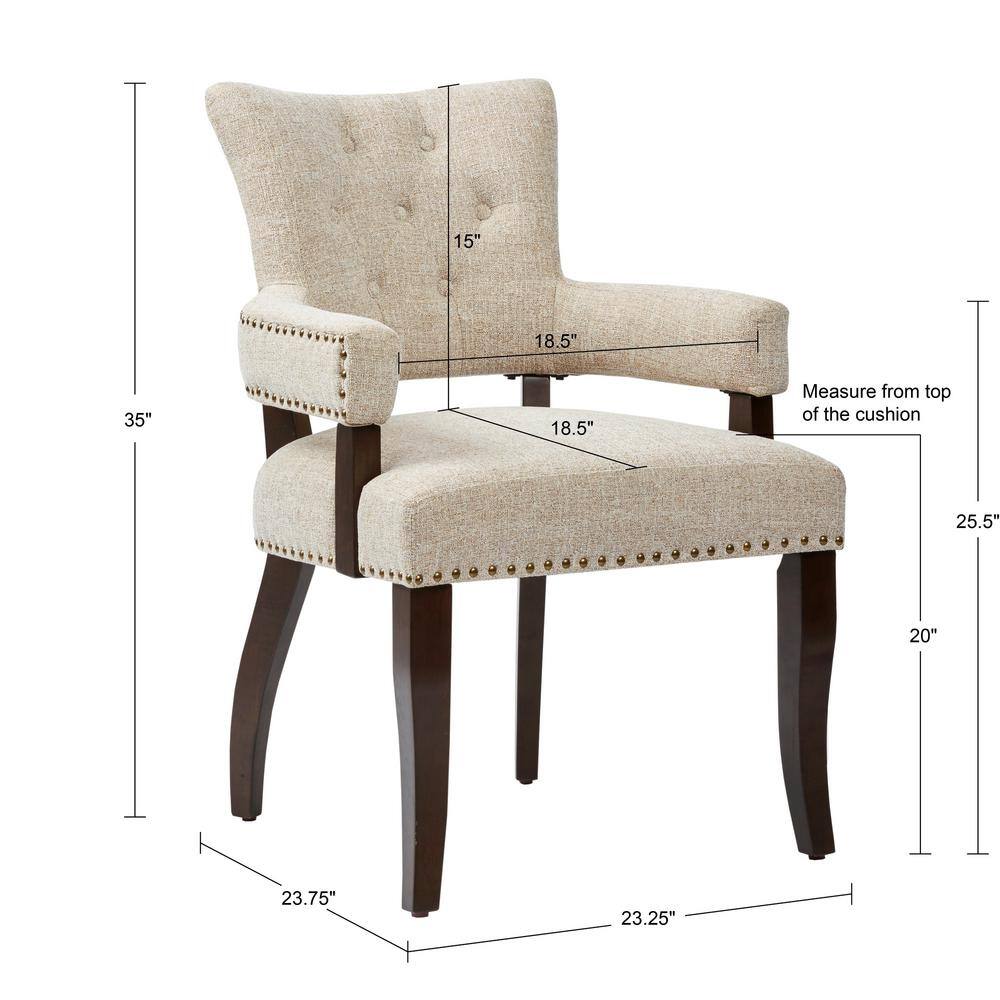 Elegant Cream Upholstered Dining Armchair with Brass Trim, Set of 2