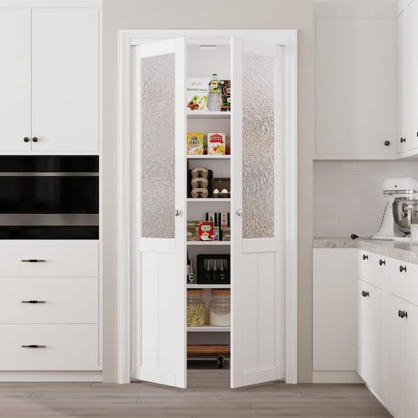 36 in. x 80 in. Weave Glass Solid Core MDF Bi-fold Door Plus French Style Pivot Hardware (1/2-Lite White Finished)