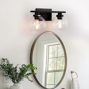 16 in. 2-Light Industrial Matte Black Bathroom Vanity Light, Open Globe Clear Glass Wall Sconce