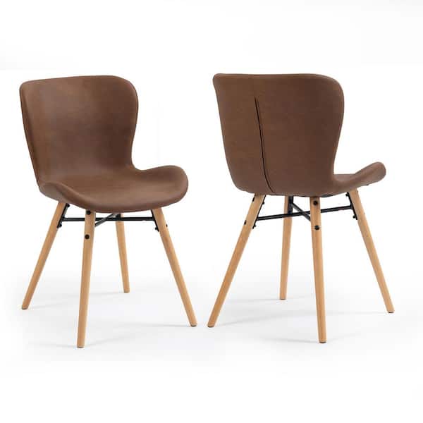 Glamour Home Banks Brown Faux Leather Dining Chair with Wood Legs Set of 2