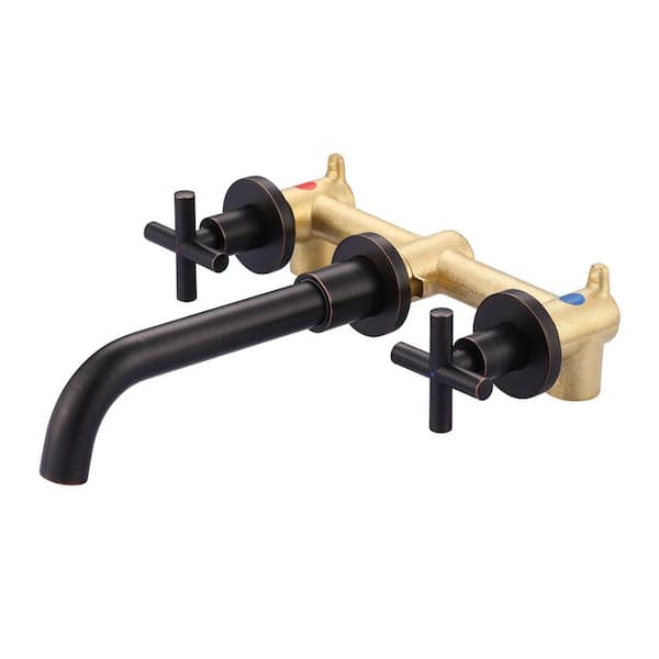 Double Handle Wall Mounted Bathroom Faucet with Brass Rough in Valve and Lever Handle in Oil Rubbed Bronze