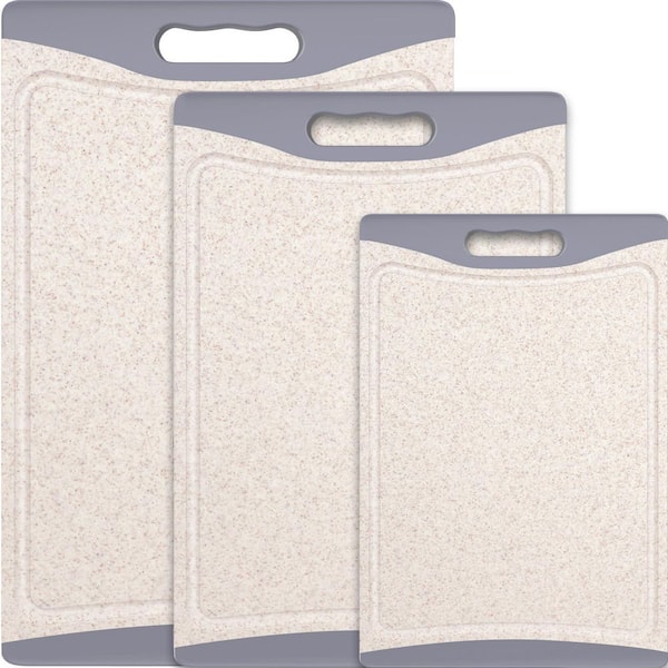 3-Piece Plastic Kitchen Cutting Board, Dishwasher Safe Chopping Boards with Juice Grooves and Easy-Grip Handles, Beige