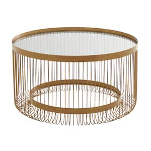 32 in. Gold Medium Round Metal Coffee Table with Clear Glass Top