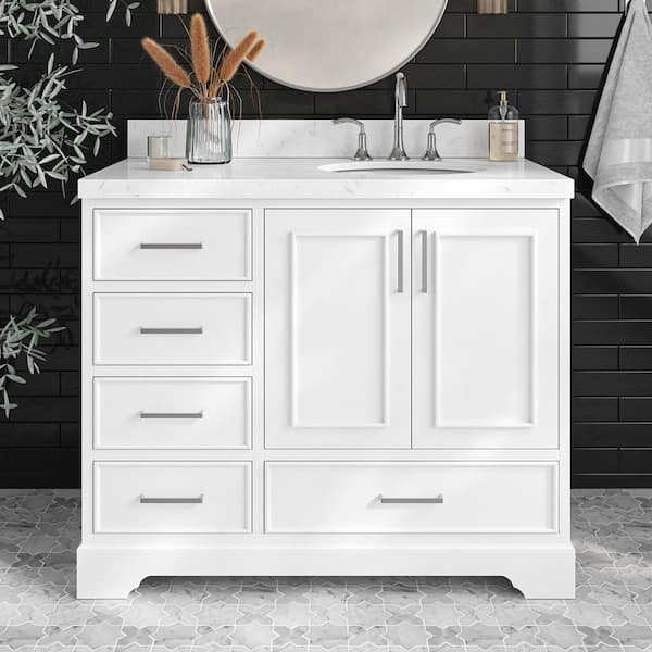 ARIEL Stafford 42 in. W x 22 in. D x 36 in. H Single Sink Freestanding Bath Vanity in White with Carrara White Quartz Top