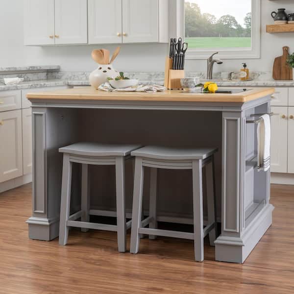 Hazel Gray Wood top 55 in. W Kitchen Island with Stools, Storage, Doors, Drawers