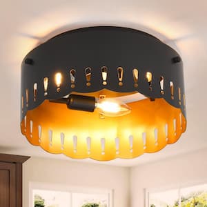 12 in. 3-Light Matte Black Industrial Drum Flush Mount Ceiling Light with Brass Inside Finish and Wavy Brim Fixture