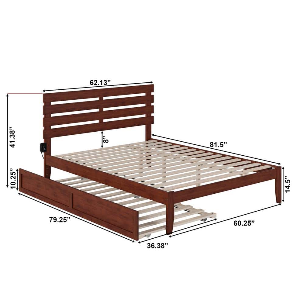 Walnut Queen Upholstered Platform Bed with Wood Headboard and Slats
