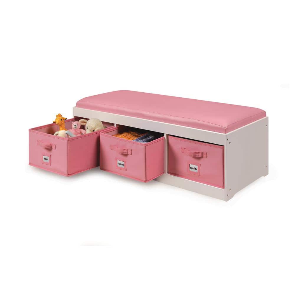 White and Pink MDF Kids Storage Bench with Cushion and Bins