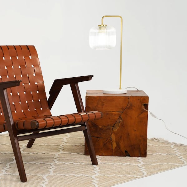 23 in. Haven Clear Glass Table Lamp with Gold Brush Metal and Marble Base, Button Control