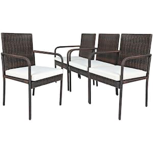 4-Piece Cushioned PE Wicker Outdoor Patio Dining Chair with Off-White Cushions