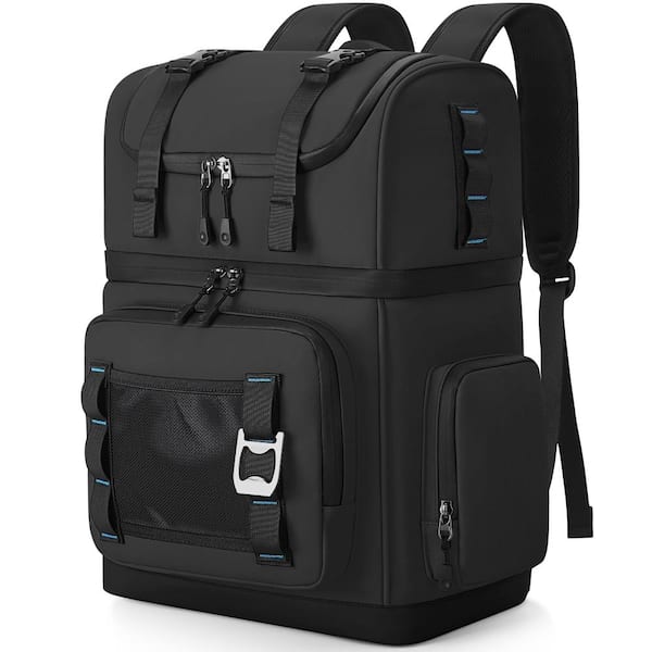 Black 26L Double Decker Insulated Cooler Picnic Backpack, Waterproof Leakproof Holds 44 Cans
