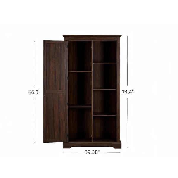 FUNKOL 39.37in x 15.75in x 74.4in Espresso Vintage MDF Ready to Assemble Kitchen Cabinet with 1 Barn Door and 3 Shelves
