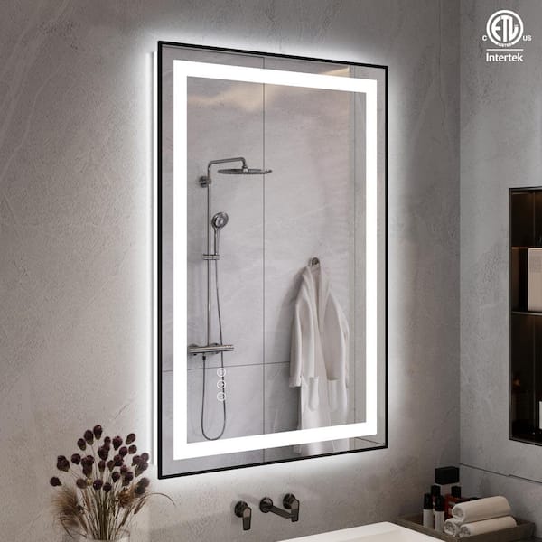 Hpeytaire 36 in. W. x 24 in. H Large Rectangular Framed Anti-Fog LED Light Wall Mounted Bathroom Vanity Mirror in Matte Black
