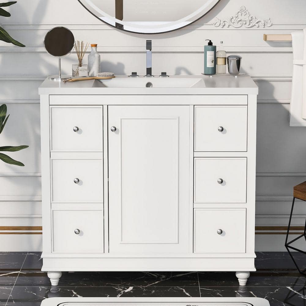 36 in. W x 18 in. D x 33.87 in. H Freestanding Bath Vanity in White with Wh