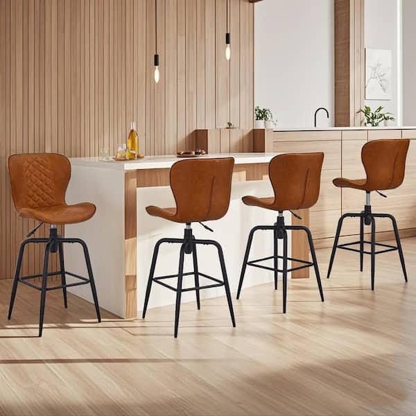 28.5 in. Swivel Bar Stools, Hight Adjustable Metal Counter Stools with Back, Brown Faux Leather Barstools (Set of 6)