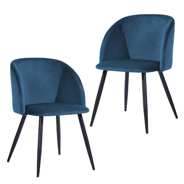 Homy Casa Ynez Navy Blue Velvet Upholstered Black Metal Legs Arm Dining Chairs(Set of 2)