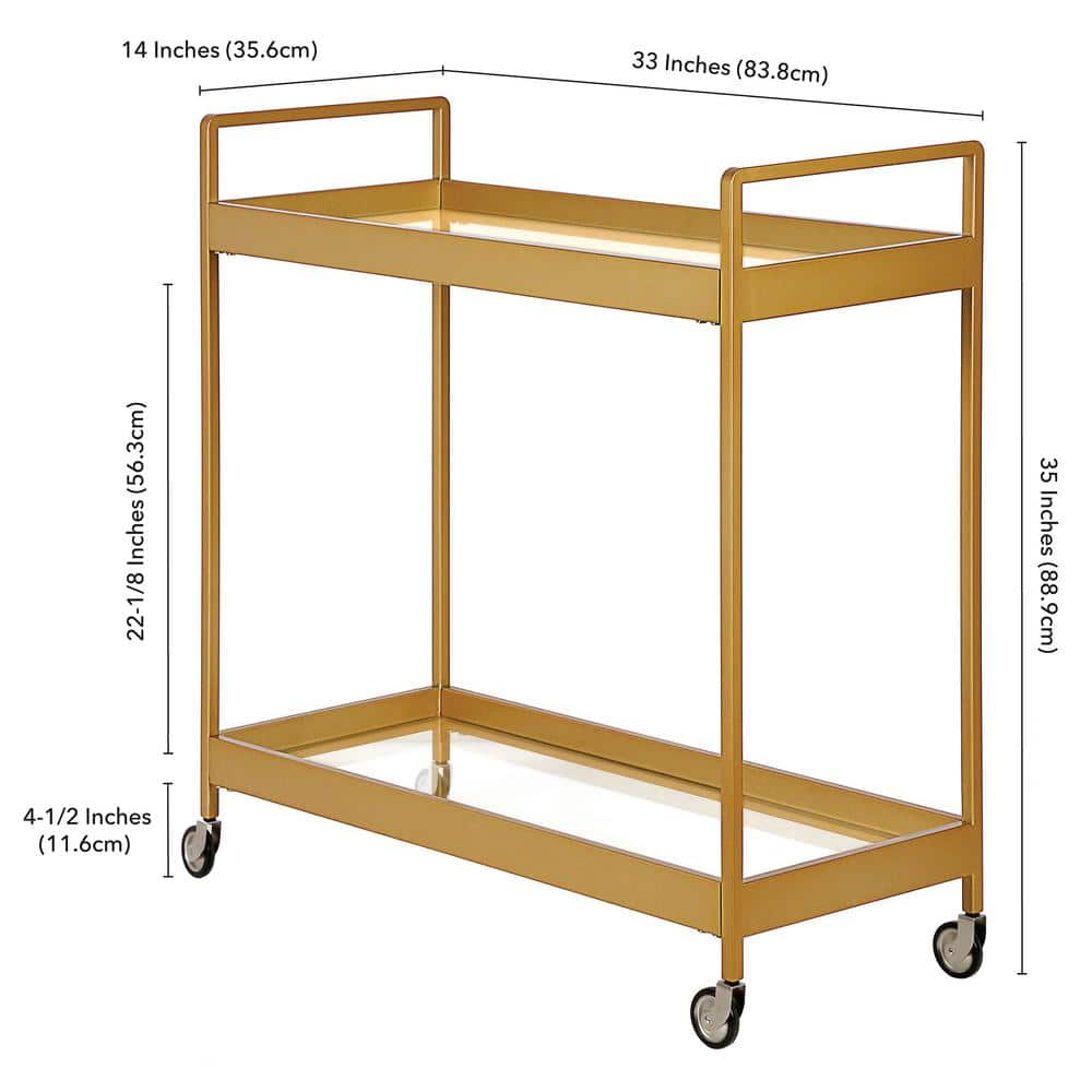 Glamourous Brass Finish Rectangular Bar Cart with Glass Shelves