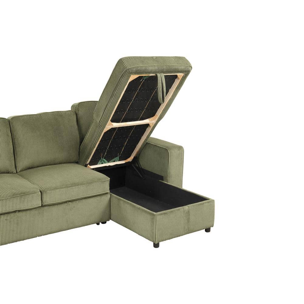 Green Corduroy Fabric Sectional Sofa with Storage Ottoman