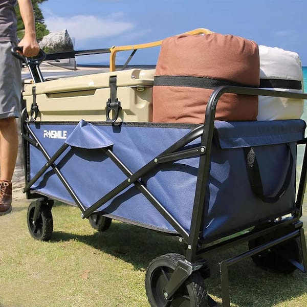 Unbranded - 4.9 cu. ft. Fabric PVC Garden Cart, 2-Fold Collapsible Wagon Cart with Metal Frame, Cup Holder, Adjustable Handle, Blue