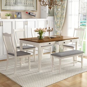 Mid-Century 6-piece Buttermilk Rectangle MDF Top Dining Table Set Seats 6 with Storage Drawer
