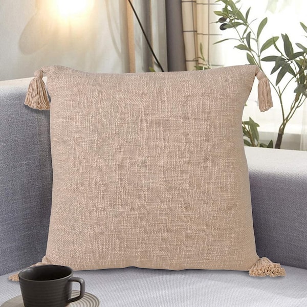 LR Home Unique Beige 20 in. x 20 in. Neutral Solid Cotton Throw Pillow with Tassels