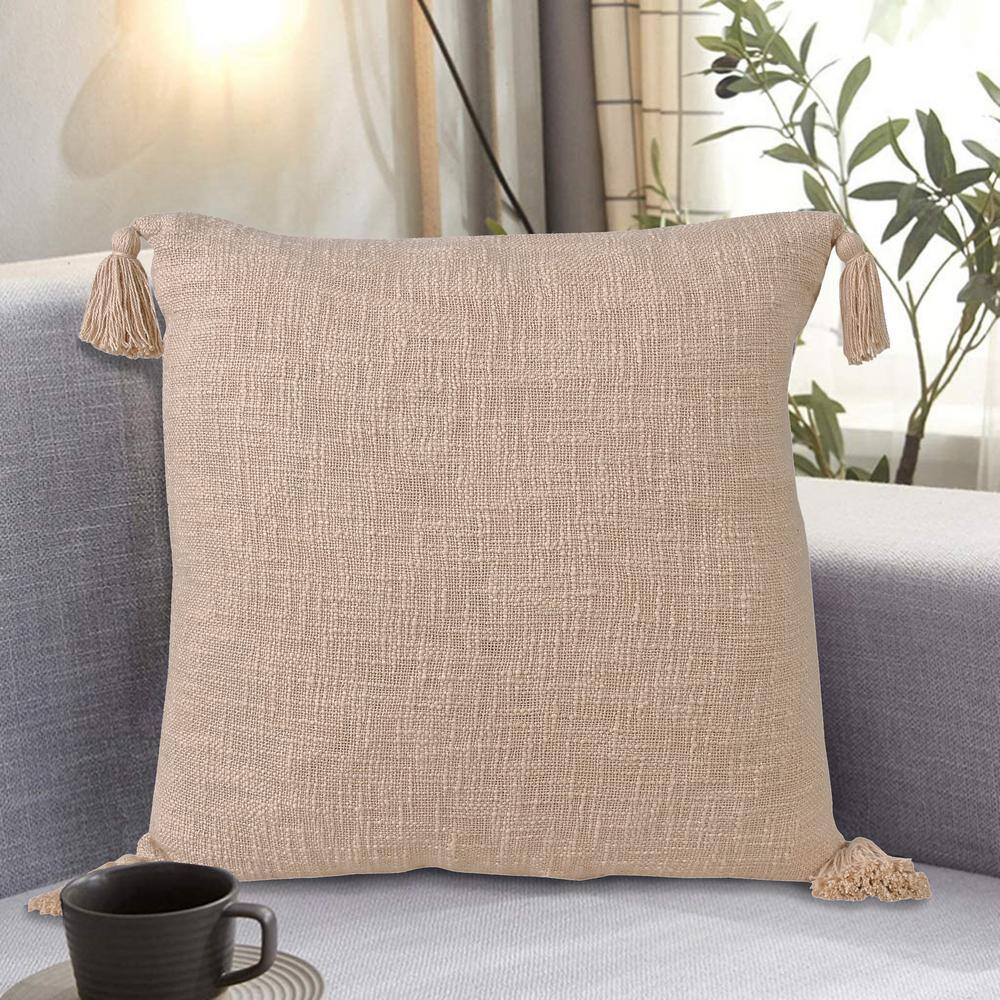 Unique Beige 20 in. x 20 in. Neutral Solid Cotton Indoor Throw Pillow with 