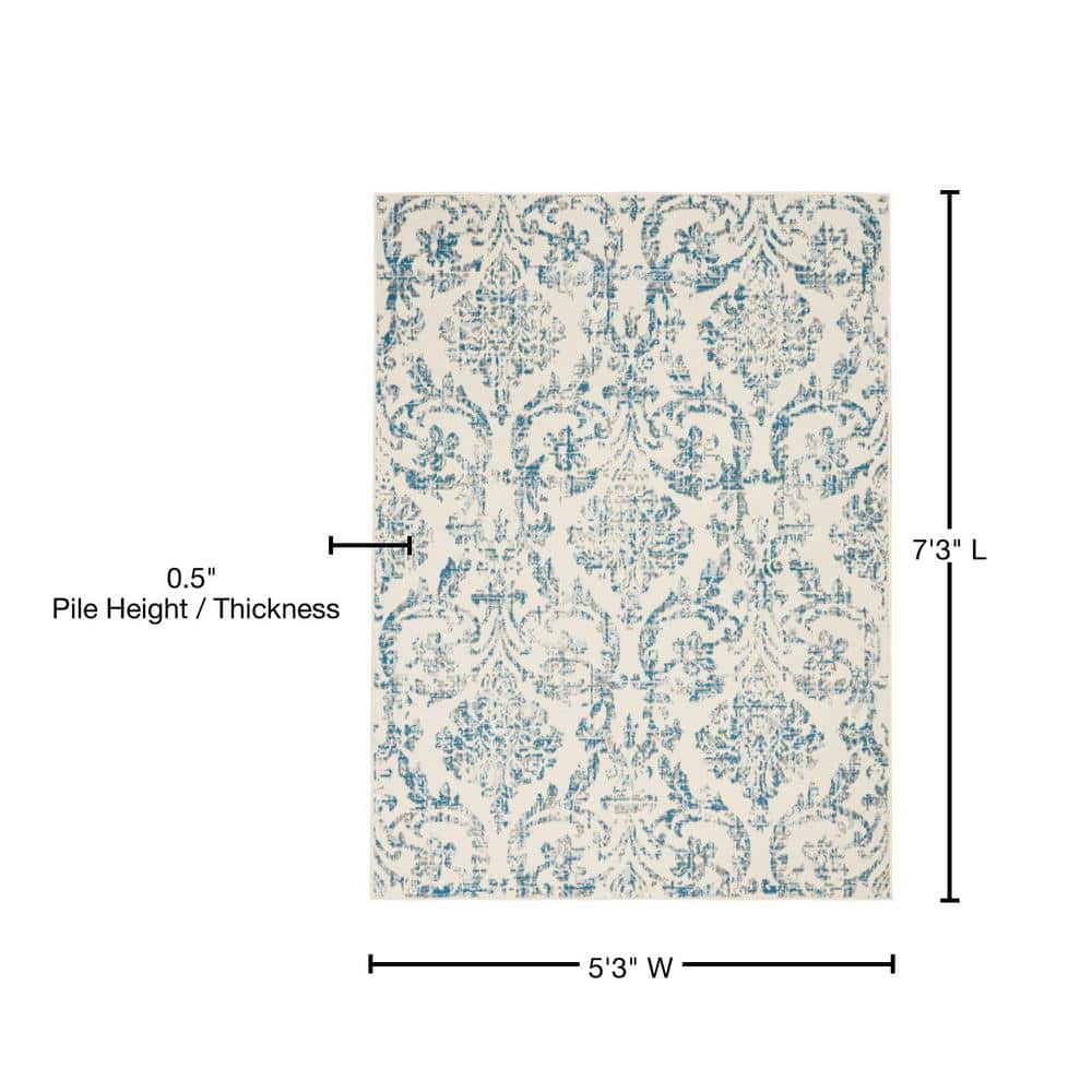 Elegant Ivory and Blue Damask 5' x 7' Synthetic Area Rug
