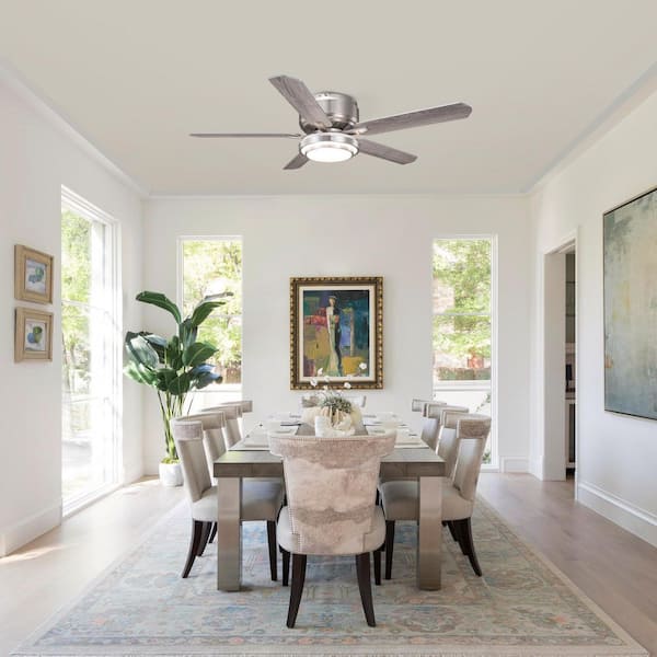 52 in. Indoor Satin Nickel Flush Mount Ceiling Fan with Light Kit and Remote Control