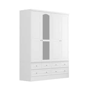 White Wood 63 in. W Big Wardrobe Armoires Mirror, Hanging Rods, Drawers, Adjustable Shelves, 78.7 in. H x 19.7 in. D