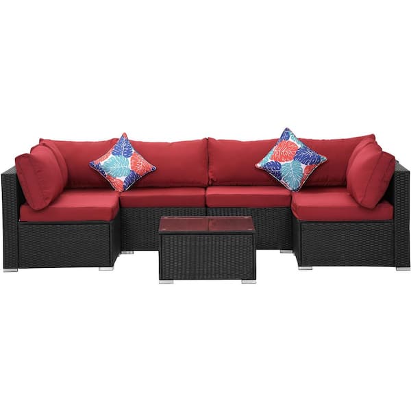 Zeus & Ruta 7-Piece Modern Rattan Wicker Garden Outdoor Sectional Set with Red Cushions and Glass Table for Patio, Garden, Deck