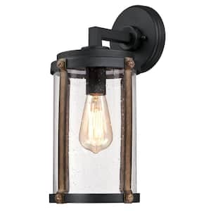 Armin 1-Light Textured Black with Barnwood Accents Outdoor Wall Lantern Sconce