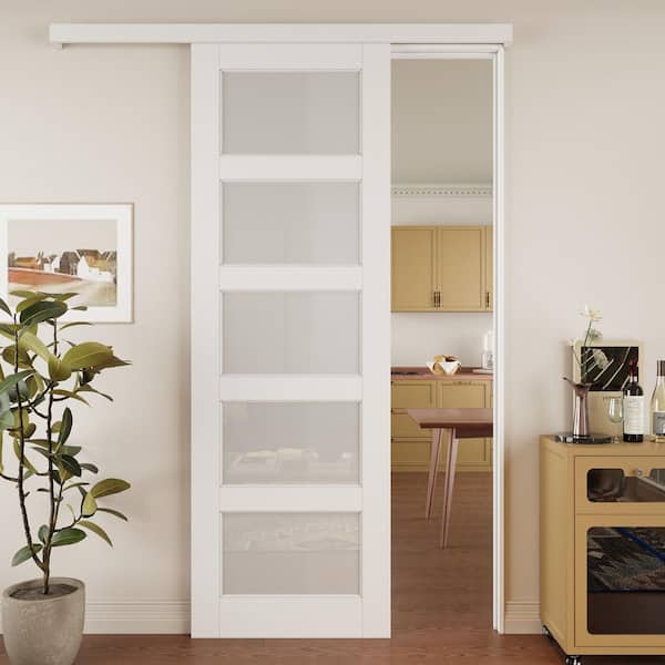 EH PUERTA 32 in. x 80 in. Hidden Track Style 5 Lite Frosted Glass White Primed MDF Sliding Barn Door with Hardware Kit