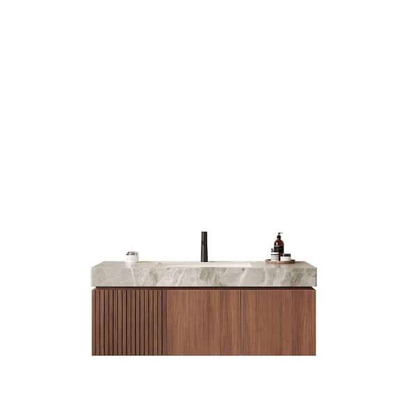 48 in. W x 19 in. D x 26 in. H Wall-Mounted Bath Vanity in Oak with Light Gray Sintered Stone Top
