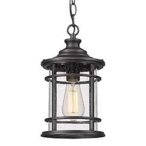 12 in. 1-Light Black Outdoor Pendant Hanging Light with Seeded Glass Shade