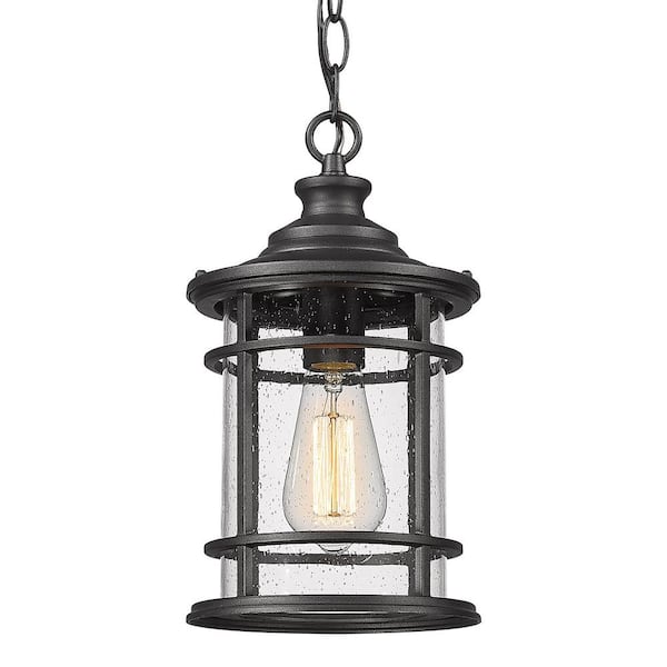 JAZAVA 12 in. 1-Light Black Outdoor Pendant Hanging Light with Seeded Glass Shade