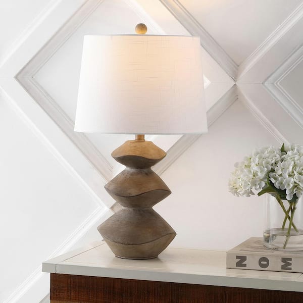 JONATHAN Y Laken 24.5 in. Minimalist Coastal Resin/Iron 3-Stack Cairn LED Table Lamp, Brown Wood Finish