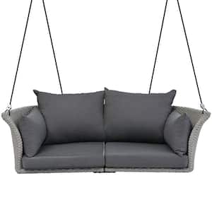 2-Person Gray PE Wicker Outdoor Porch Swing with Ropes, Patio Swing Chair Loveseat with Dark Gray Cushion